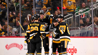 PITTSBURGH, PA - MARCH 28: Erik Karlsson #65 of the Pittsburgh Penguins celebrates his second period goal against the Dallas Stars at PPG PAINTS Arena on March 28, 2026 in Pittsburgh, Pennsylvania. (Photo by Joe Sargent/NHLI via Getty Images)