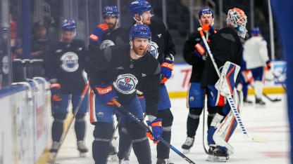 Edmonton Oilers Defenceman Brett Kulak (27) takes reps at the 2025 Stanley Cup Final Media Day (Photo by Curtis Comeau/Icon Sportswire via Getty Images)