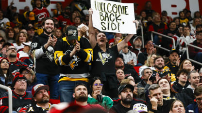 RALEIGH, NORTH CAROLINA - MARCH 18: Pittsburgh Penguins fans celebrate Sidney Crosby #87 during the second period of the game against Carolina Hurricanes at Lenovo Center on March 18, 2026 in Raleigh, North Carolina. (Photo by Jaylynn Nash/Getty Images)