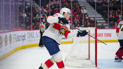 Marek Alscher #4 of the Florida Panthers shoots the puck against the Ottawa Senators during the third period in his NHL debut on April 9, 2026 at Canadian Tire Centre in Ottawa, Ontario, Canada. (Photo by André Ringuette/NHLI via Getty Images)