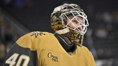 Akira Schmid #40 of the Vegas Golden Knights warms up prior to a game against the Seattle Kraken at T-Mobile Arena on January 31, 2026 in Las Vegas, Nevada. (Photo by David Becker/NHLI via Getty Images)