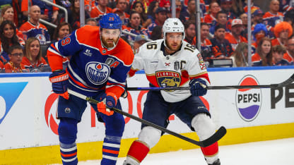 Edmonton Oilers Center Leon Draisaitl (29) and Florida Panthers Center Aleksander Barkov (16) battle in the second period in game two of Stanley Cup Final Edmonton Oilers game versus the Florida Panthers on June 06, 2025 at Rogers Place in Edmonton, AB. (Photo by Curtis Comeau/Icon Sportswire via Getty Images)