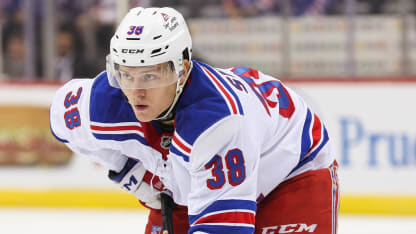 Adam Sykora #38 of the New York Rangers looks on during the first period of a preseason game against the New Jersey Devils at Prudential Center on September 30, 2024 in Newark, New Jersey. (Photo by Andrew Mordzynski/Getty Images)