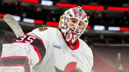 Linus Ullmark #35 of the Ottawa Senators reacts after a 3-0 victory against the Carolina Hurricanes at Lenovo Center on December 13, 2024 in Raleigh, North Carolina. (Photo by Cato Cataldo/NHLI via Getty Images)