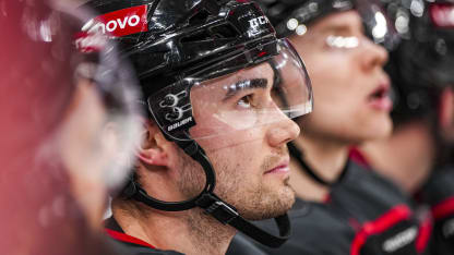 Sebastian Aho #20 of the Carolina Hurricanes looks on during the second period against the Tampa Bay Lightning at Lenovo Center on March 11, 2025 in Raleigh, North Carolina. (Photo by Josh Lavallee/NHLI via Getty Images)