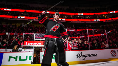 Carolina Hurricanes goaltender Spencer Martin (41) reacts after his first NHL shut out against the Ottawa Senators at Lenovo Center on November 16, 2024 in Raleigh, North Carolina. (Photo by Cato Cataldo/NHLI via Getty Images)