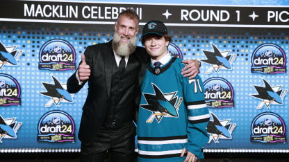 LAS VEGAS, NEVADA - JUNE 28: Macklin Celebrini and Joe Thornton stand onstage after Celebrini was selected first overall by the San Jose Sharks during the first round of the 2024 Upper Deck NHL Draft at Sphere on June 28, 2024 in Las Vegas, Nevada. (Photo by Jeff Vinnick/NHLI via Getty Images)
