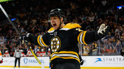 Hampus Lindholm #27 of the Boston Bruins celebrates his goal against the Calgary Flames during the first period at the TD Garden on November 7, 2024 in Boston, Massachusetts. The Bruins won 4-3 in overtime. (Photo by Richard T Gagnon/Getty Images)