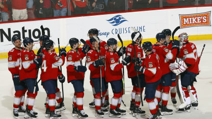 The Florida Panthers celebrate their 5-3 win over the New York Rangers at the Amerant Bank Arena on December 30, 2024 in Sunrise, Florida. (Photo by Eliot J. Schechter/NHLI via Getty Images)