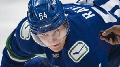 Aatu Raty #54 of the Vancouver Canucks waits for a face-off during their NHL game against the Colorado Avalanche at Rogers Arena on November 9, 2025 in Vancouver, British Columbia, Canada. (Photo by Jeff Vinnick/NHLI via Getty Images)