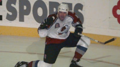 Defenseman Uwe Krupp of the Colorado Avalanche celebrates after scoring the team''s third goal against the Florida Panthers in the second period of game one of the Stanley Cup Finals at McNichols Arena in Denver, Colorado. Mandatory Credit: Jam