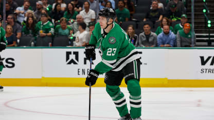 Dallas Stars defenseman Esa Lindell (23) skates with the puck during the game between the Dallas Stars and the New York Islanders on October 12, 2024 at American Airlines Center in Dallas, Texas. (Photo by Matthew Pearce/Icon Sportswire via Getty Images)