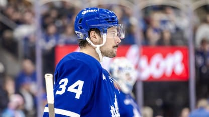 Toronto Maple Leafs center Auston Matthews (34) is seen during a break in the second period of an NHL game between the Seattle Kraken and the Toronto Maple Leafs on October 31, 2024, at Scotiabank Arena in Toronto, ON. (Photo by Mathew Tsang/Icon Sportswire via Getty Images)