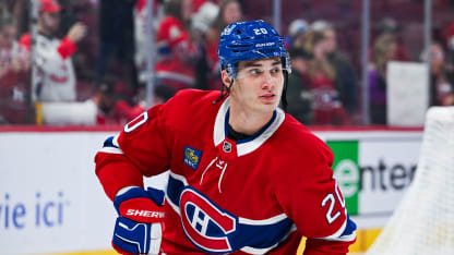 Look on Montreal Canadiens left wing Juraj Slafkovsky (20) during warm-up before the Los Angeles Kings versus the Montreal Canadiens game on October 17, 2024, at Bell Centre in Montreal, QC (Photo by David Kirouac/Icon Sportswire via Getty Images)