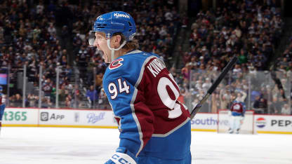 Joel Kiviranta #94 of the Colorado Avalanche celebrates a goal against the San Jose Sharks at Ball Arena on March 6, 2025 in Denver, Colorado. (Photo by Michael Martin/NHLI via Getty Images)