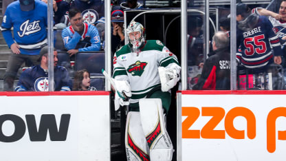 Goaltender Filip Gustavsson #32 of the Minnesota Wild hits the ice for the start of third period action against the Winnipeg Jets at the Canada Life Centre on October 13, 2024 in Winnipeg, Manitoba, Canada. (Photo by Darcy Finley/NHLI via Getty Images)