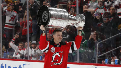 Petr Sykora, former member of the 2000 Stanley Cup Champion New Jersey Devils, skates with the Stanley Cup during a pre-game ceremony celebrating the 20th Anniversary of the Championship prior to the game between the Dallas Stars and the New Jersey Devils on February 1, 2020 at the Prudential Center in Newark, New Jersey. Sykora was not able hoist the cup after Game 7 of the 1999-2000 finals due to suffering an injury in the first period and leaving the game to go to the hospital. (Photo by Andy Marlin/NHLI via Getty Images)