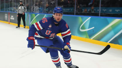 Jake Sanderson #85 of Team United States skates in the first period during the Men's Preliminary Group C match between the United States and Denmark on day eight of the Milano Cortina 2026 Winter Olympic games at Milano Santagiulia Ice Hockey Arena on February 14, 2026 in Milan, Italy. (Photo by Bruce Bennett/Getty Images)