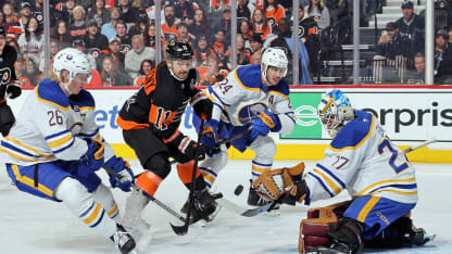 Travis Konecny #11 of the Philadelphia Flyers attempts a scoring chance against Rasmus Dahlin #26, Dylan Cozens #24, and goaltender Devon Levi #27 of the Buffalo Sabres at the Wells Fargo Center on November 16, 2024 in Philadelphia, Pennsylvania. (Photo by Len Redkoles/NHLI via Getty Images)