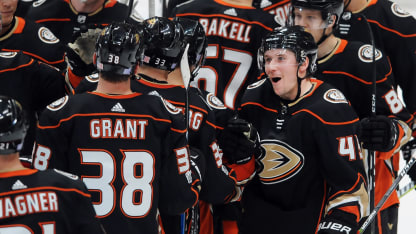Anaheim Ducks defenseman Sami Vatanen (45) with his teammates on the ice after the Ducks defeated the Vancouver Canucks 4 to 1 in a game played on November 9, 2017 at the Honda Center in Anaheim, CA.(Photo by John Cordes/Icon Sportswire via Getty Images)