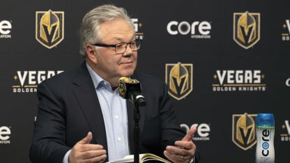 LAS VEGAS, NEVADA - MARCH 06: General manager Kelly McCrimmon of the Vegas Golden Knights speaks during a news conference before the team's game against the Minnesota Wild at T-Mobile Arena on March 06, 2026 in Las Vegas, Nevada. (Photo by Zak Krill/NHLI via Getty Images)