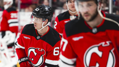 NEWARK, NEW JERSEY - MARCH 29 : Jesper Bratt #63 of the New Jersey Devils warms up before the NHL regular season game against the Chicago Blackhawks at the Prudential Center on March 29, 2026 in Newark, New Jersey. (Photo by Andrew Maclean/NHLI via Getty Images)