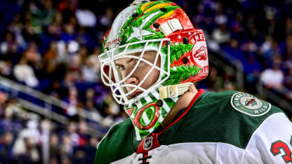 Jesper Wallstedt #30 of the Minnesota Wild cools off during a game against the New York Islanders at UBS Arena on November 07, 2025 in Elmont, New York. (Photo by Steven Ryan/NHLI via Getty Images)