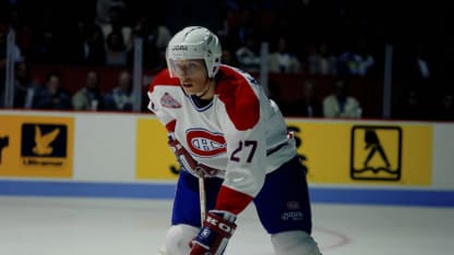 Patric Kjellberg #27 of the Montreal Canadiens stands at the face-off circle at the Montreal Forum in Montreal, Quebec, Canada. (Photo by Denis Brodeur/NHLI via Getty Images)