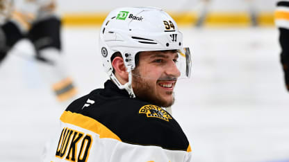 Jakub Lauko #94 of the Boston Bruins looks on against the Pittsburgh Penguins at PPG PAINTS Arena on April 13, 2025 in Pittsburgh, Pennsylvania. (Photo by Joe Sargent/NHLI via Getty Images)