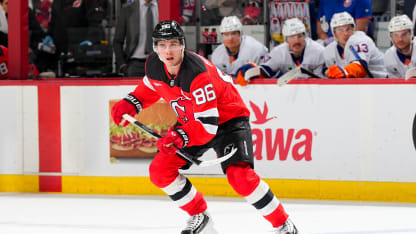 Jack Hughes #86 of the New Jersey Devils skates during the third period of the game against the New York Islanders on November 10, 2025 at the Prudential Center in Newark, New Jersey. (Photo by Rich Graessle/NHLI via Getty Images)