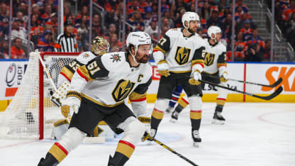 Las Vegas Golden Knights Right Wing Mark Stone (61) in action in the first period of the Stanley Cup Playoffs Second Round Edmonton Oilers game versus the Las Vegas Golden Knights on May 10, 2025 at Rogers Place in Edmonton, AB. (Photo by Curtis Comeau/Icon Sportswear)