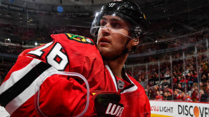 Marcus Kruger #16 of the Chicago Blackhawks works to get the puck by the boards in the third period against the Nashville Predators in Game One of the Western Conference First Round during the 2017 NHL Stanley Cup Playoffs at the United Center on April 13, 2017 in Chicago, Illinois. The Nashville Predators defeated the Chicago Blackhawks 1-0. (Photo by Bill Smith/NHLI via Getty Images)