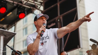 Rod Brind'Amour addresses the crowd during the Carolina Hurricanes Stanley Cup Final Victory Parade on June 20, 2026 in Raleigh, North Carolina. (Photo by Jaylynn Nash/Getty Images)