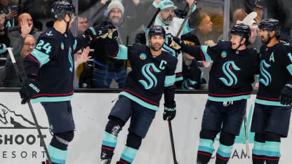 SEATTLE, WASHINGTON - FEBRUARY 28: Jordan Eberle #7 of the Seattle Kraken celebrates with teammates after scoring a goal during the second period of a game against the Vancouver Canucks at Climate Pledge Arena on February 28, 2026 in Seattle, Washington. (Photo by Christopher Mast/NHLI via Getty Images)