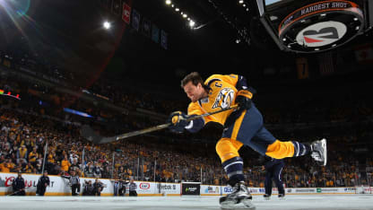 NASHVILLE, TN - JANUARY 30: Shea Weber #6 of the Nashville Predators competes in the AMP Energy NHL Hardest Shot during 2016 Honda NHL All-Star Skill Competition at Bridgestone Arena on January 30, 2016 in Nashville, Tennessee. Weber won the compeition on this shot with a shot speed of 108.1 mph.(Photo by Dave Sandford/NHLI via Getty Images)