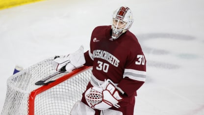 Michael Hrabal #30 of the Massachusetts Minutemen tends goal against the UMass Lowell River Hawks during the third period during NCAA men's hockey at the Tsongas Center on March 1, 2024 in Lowell, Massachusetts. The Minutemen won 2-1 in overtime. (Photo by Richard T Gagnon/Getty Images)