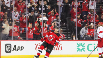 Jesper Bratt #63 of the New Jersey Devils celebrates after scoring a goal during the third period of a NHL game against the Carolina Hurricanes at Prudential Center on November 21, 2024 in Newark, New Jersey. (Photo by Andrew Mordzynski/Getty Images)