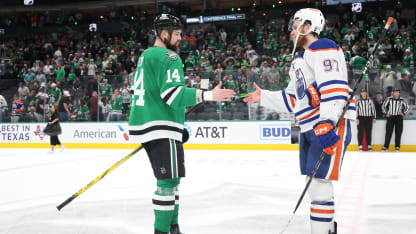 Jamie Benn #14 of the Dallas Stars congratulates Connor McDavid #97 of the Edmonton Oilers after Game Five of the Western Conference Final of the 2025 Stanley Cup Playoffs at American Airlines Center on May 29, 2025 in Dallas, Texas. (Photo by Steph Chambers/Getty Images)