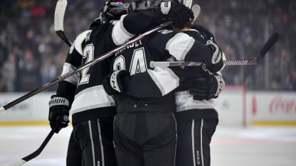 Mikey Anderson #44 of the Los Angeles Kings celebrates his goal with teammates during the first period against the Tampa Bay Lightning at Crypto.com Arena on January 4, 2025 in Los Angeles, California. (Photo by Gary A. Vasquez/NHLI via Getty Images)