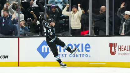 Right Wing JJ Peterka #77 of the Utah Mammoth celebrates a second period goal in from of Utah Mammoth owner Ryan Smith during an NHL game between the Calgary Flames and the Utah Mammoth on October 15, 2025 at the Delta Center in Salt Lake City, UT. (Photo by Aaron Baker/Icon Sportswire via Getty Images)