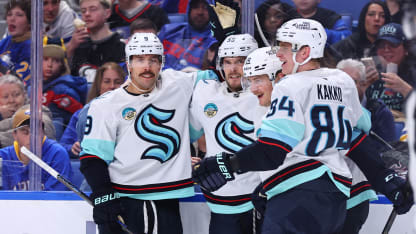 BUFFALO, NEW YORK - MARCH 28: Bobby McMann #74 of the Seattle Kraken celebrates his second period goal against the Buffalo Sabres with Chandler Stephenson #9, Ryan Lindgren #55 and Kaapo Kakko #84 during an NHL game on March 28, 2026 at KeyBank Center in Buffalo, New York. (Photo by Bill Wippert/NHLI via Getty Images)