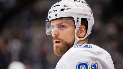 Erik Cernak #81 of the Tampa Bay Lightning looks on during warm-up ahead of the game against the Colorado Avalanche at Ball Arena on November 04, 2025 in Denver, Colorado. (Photo by Ashley Potts/NHLI via Getty Images)