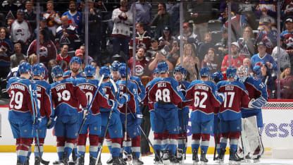 Members of the Colorado Avalanche celebrate a win against the Los Angeles Kings at Ball Arena on March 27, 2025 in Denver, Colorado. (Photo by Michael Martin/NHLI via Getty Images)