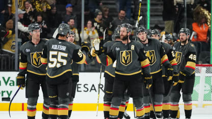 The Vegas Golden Knights celebrate after a victory against the Philadelphia Flyers at T-Mobile Arena on January 02, 2025 in Las Vegas, Nevada. (Photo by Jeff Bottari/NHLI via Getty Images)