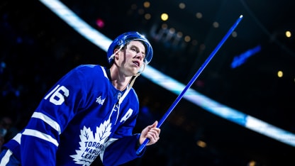 Mitch Marner #16 of the Toronto Maple Leafs salutes the crowd after receiving one of the games three stars after defeating the Edmonton Oilers in overtime at the Scotiabank Arena on November 16, 2024 in Toronto, Ontario, Canada. (Photo by Bailey McLean/NHLI via Getty Images)