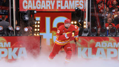 Adam Klapka #43 of the Calgary Flames skates before the game against the Philadelphia Flyers at the Scotiabank Saddledome on October 12, 2024 in Calgary, Alberta. (Photo by Gerry Thomas/2024 NHLI via Getty Images)