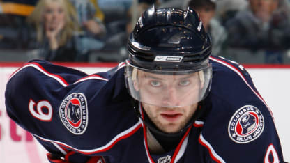 David Vyborny #9 of the Columbus Blue Jackets faces off against the Nashville Predators on November 10, 2007 at the Sommet Center in Nashville, Tennessee.(Photo by John Russell/NHLI via Getty Images)