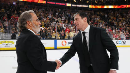 Head coach Rod Brind'Amour of the Carolina Hurricanes and head coach John Tortorella of the Vegas Golden Knights shake hands after the Carolina Hurricanes won in Game Six of the 2026 Stanley Cup Final 3-0 at T-Mobile Arena on June 14, 2026 in Las Vegas, Nevada. (Photo by Bruce Bennett/Getty Images)