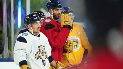 Brad Marchand #63 and Seth Jones #3 of the Florida Panthers looks on during practice for the 2026 Discover NHL Winter Classic between the New York Rangers and the Florida Panthers at loanDepot park on January 01, 2026 in Miami, Florida. (Photo by Brian Babineau/NHLI via Getty Images)