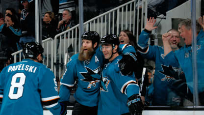 SAN JOSE, CA - JANUARY 31: Patrick Marleau #12 of the San Jose Sharks celebrates his 499th career goal in the second period with teammates Joe Pavelski #8 and Joe Thornton #19 during a NHL game against the Chicago Blackhawks at SAP Center at San Jose on January 31, 2017 in San Jose, California. (Photo by Don Smith/NHLI via Getty Images)